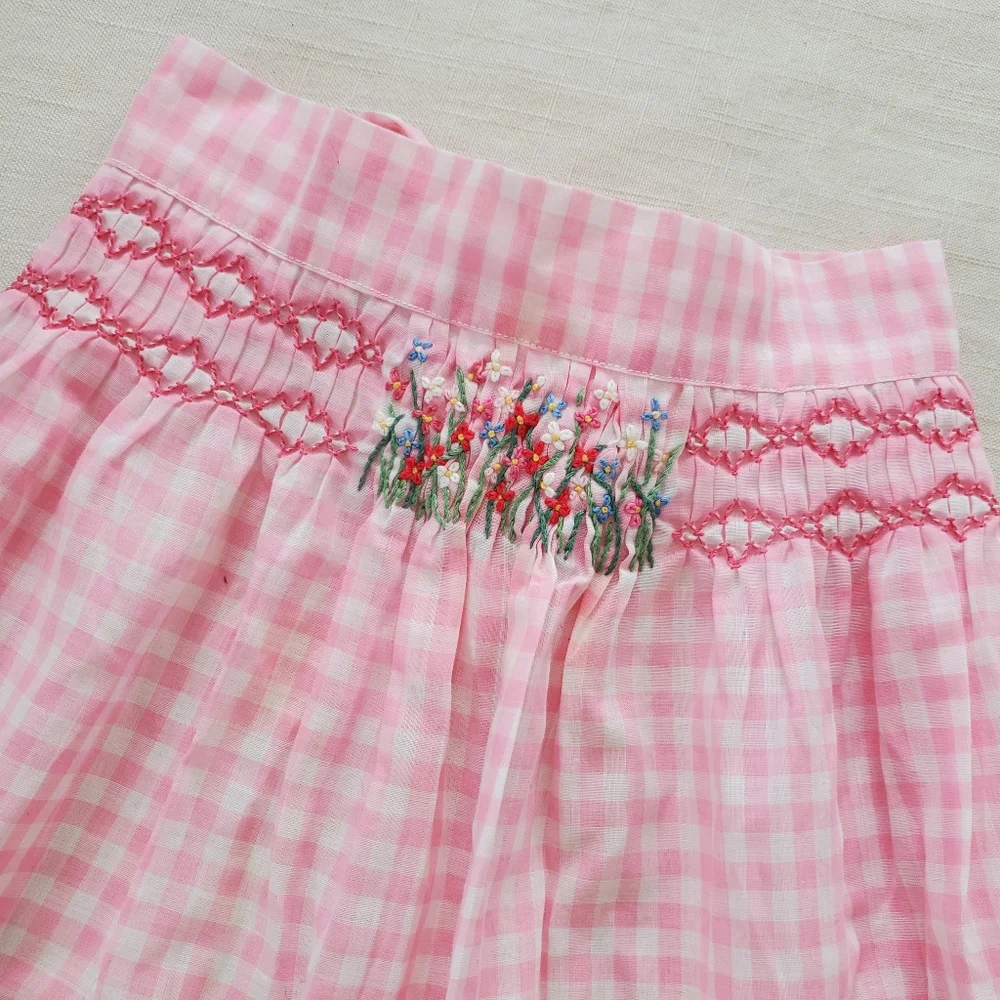 Vintage kids apron pink gingham floral embroidery